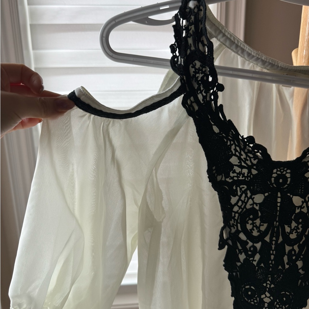 Off-shoulder -Black Lace and White Sheer Blouse
